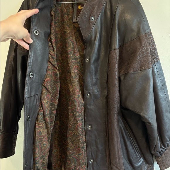 Vintage Bomber Chocolate Brown Animal Print Genuine Leather Jacket - Size Large - Picture 9 of 14